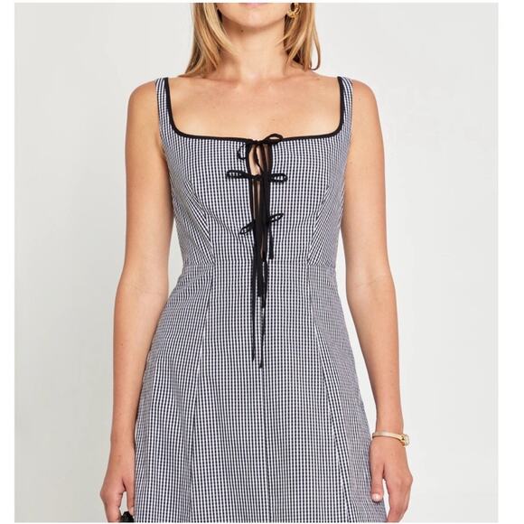 NWT O.P.T Women's Babette Black & White Gingham Lace-Up A-Line Midi Dress Size 4 - Picture 2 of 13